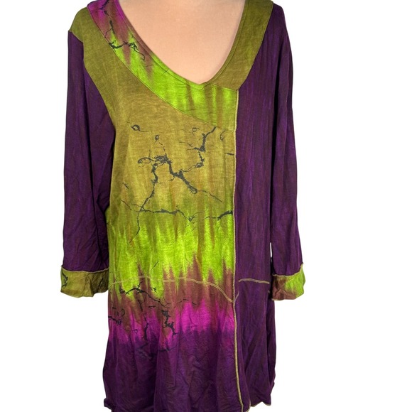 Parsley & Sage Tunic Top 2X Purple Green Tie Dye Patchwork 3/4 Sleeve Artsy - Picture 1 of 14